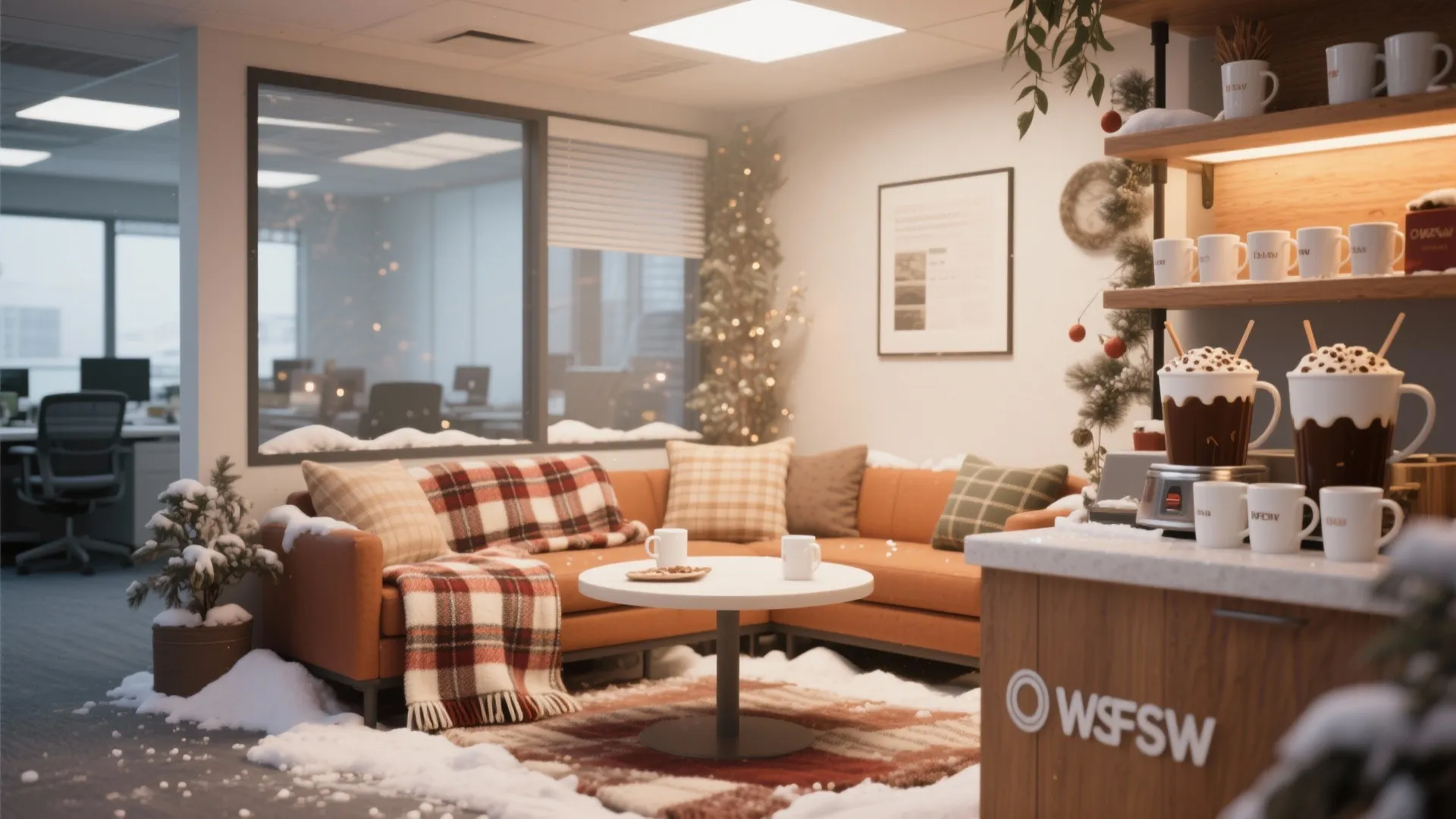 Cozy office break room with orange sofa plaid blankets coffee mugs and winter holiday decorations