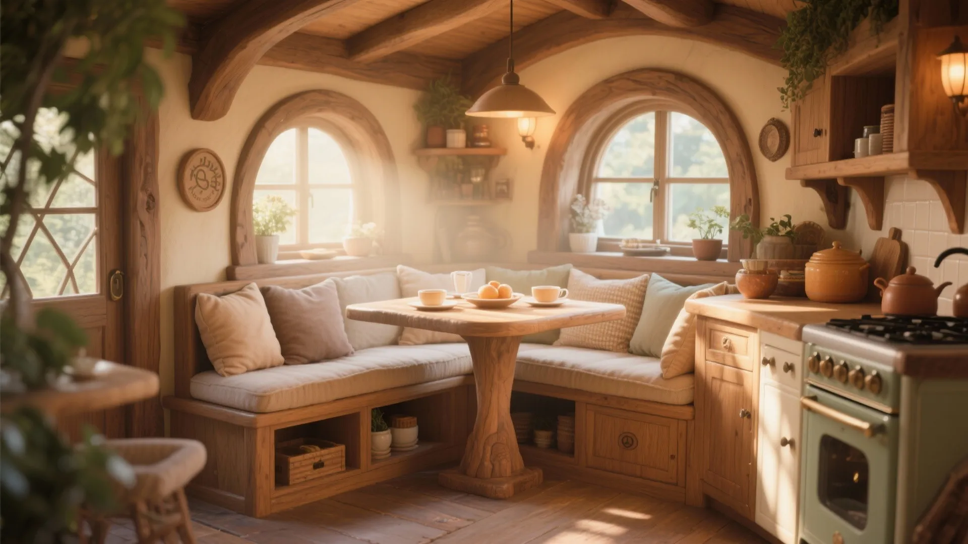 Cozy rustic breakfast corner with wooden table built-in bench seating cushions and round windows with light