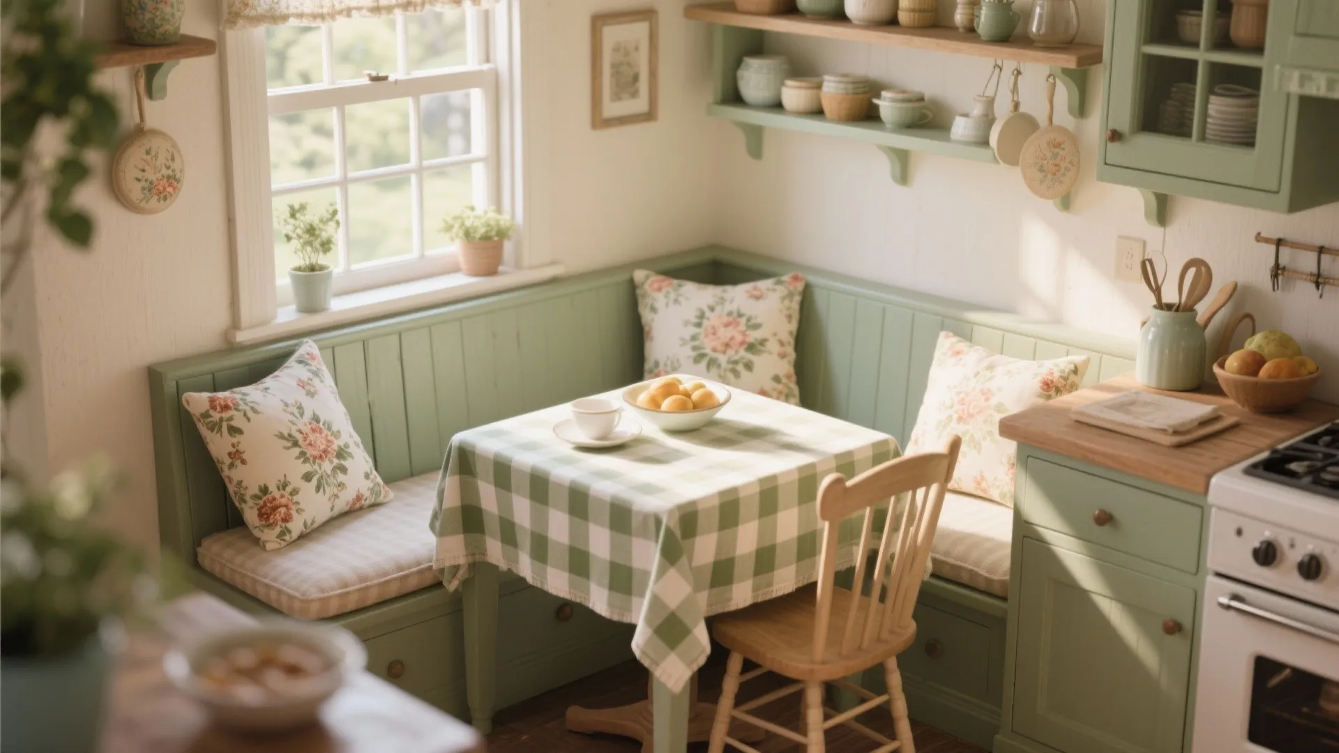 Country kitchen breakfast nook with floral cushions