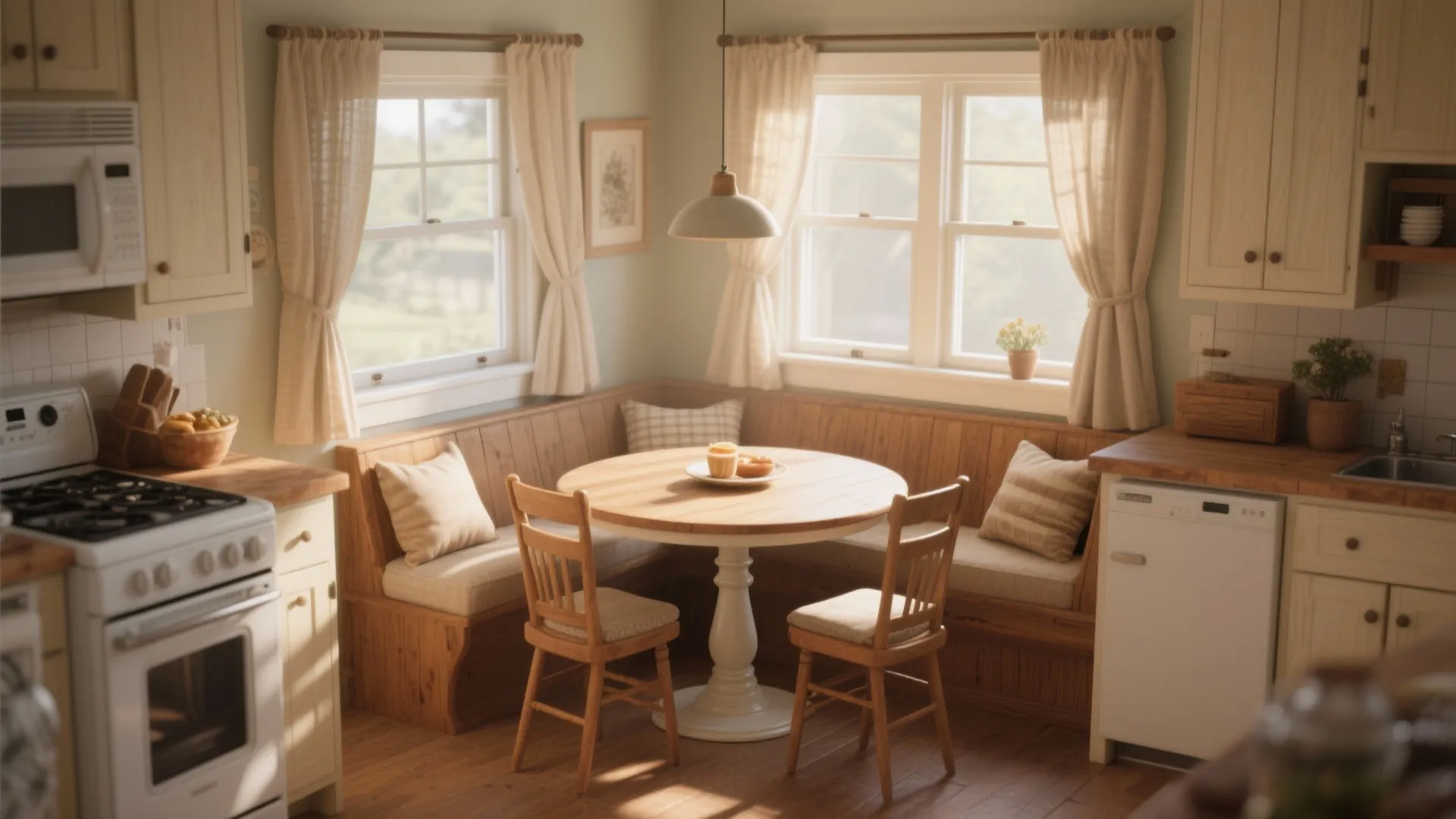 Cozy kitchen corner with wooden round table, corner bench, two chairs, curtains, and white light