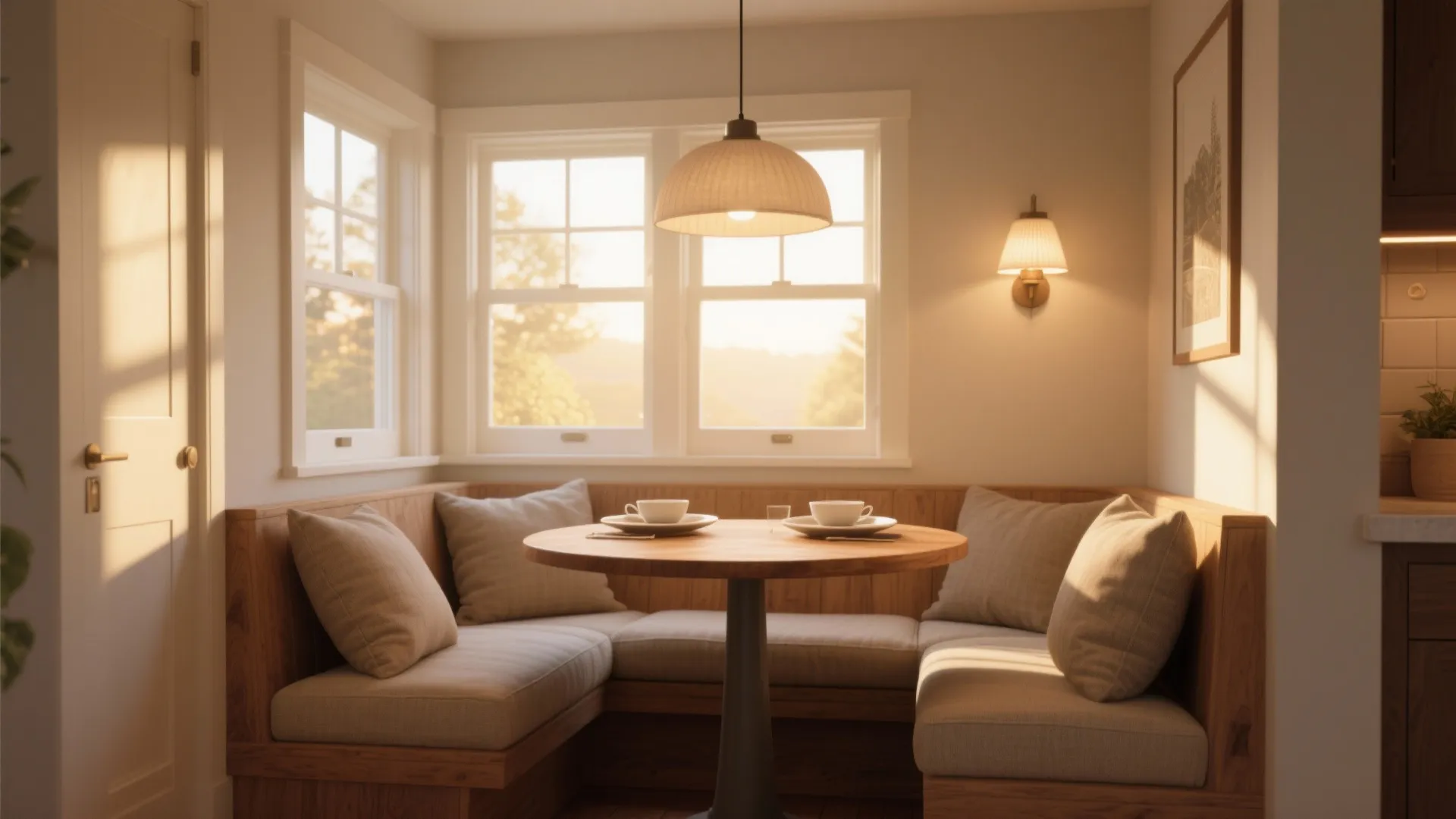 Cozy breakfast nook with wooden booth seating and round table under warm hanging ceiling light