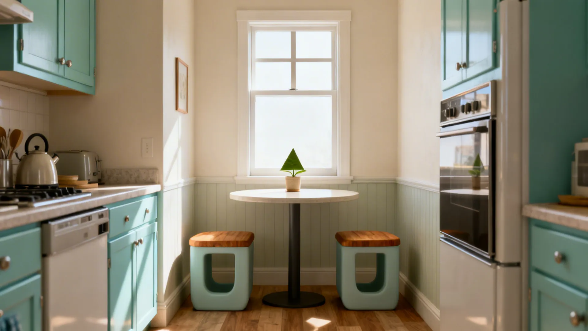 Small kitchen corner with a round table, two stools, a bright window, and a tiny plant.