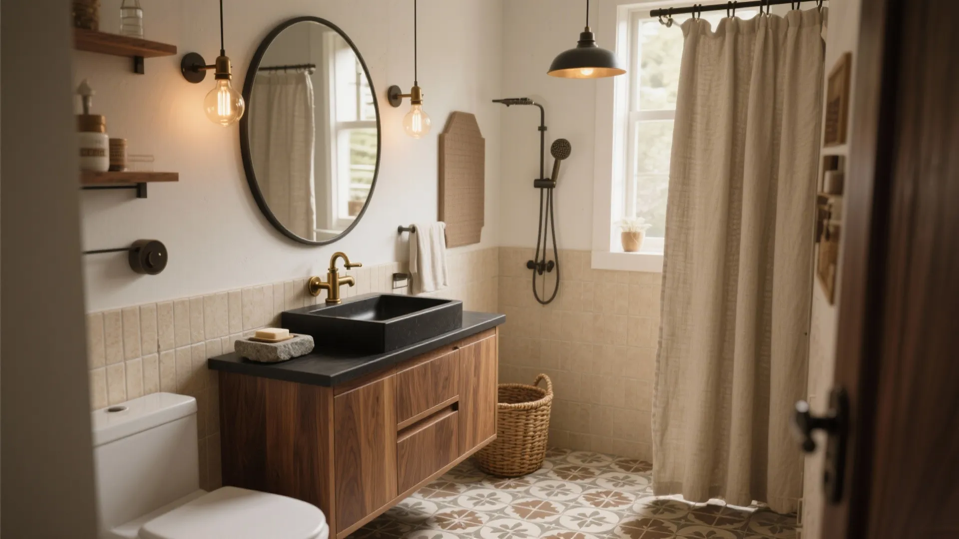 Cozy bathroom with wooden cabinet black sink round mirror wall lights shower curtain and patterned floor