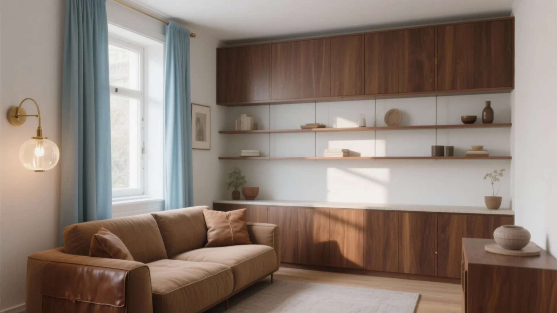 Modern living room with brown sofa light blue curtains wooden wall cabinets and warm wall light