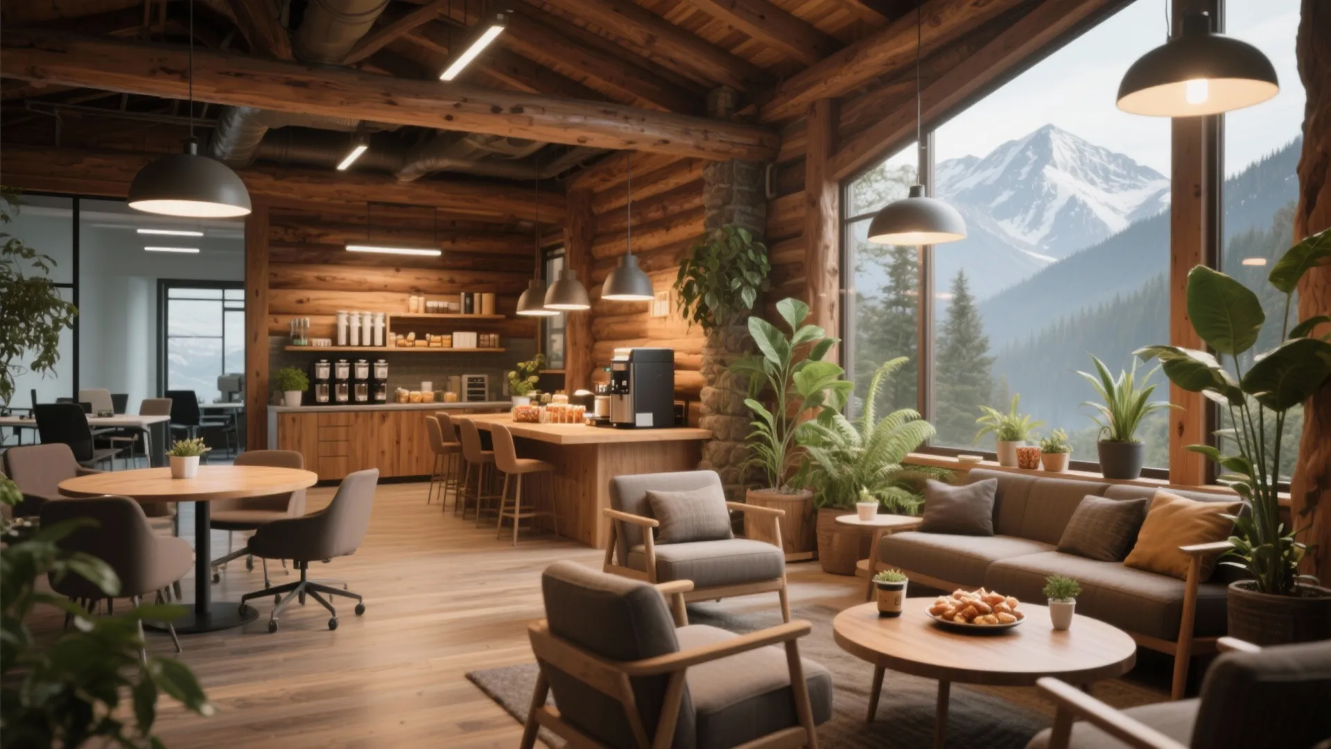 Rustic log cabin office breakroom with wooden walls sofa chairs and large window showing snowy mountains