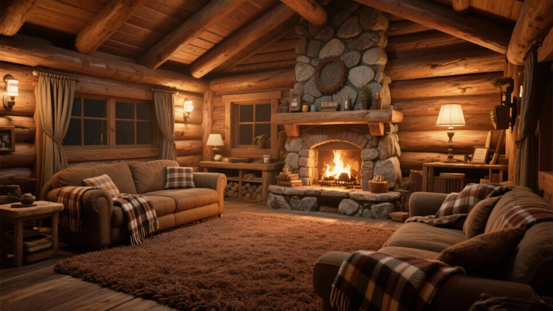 Cozy cabin-style living room with brown carpet and fireplace
