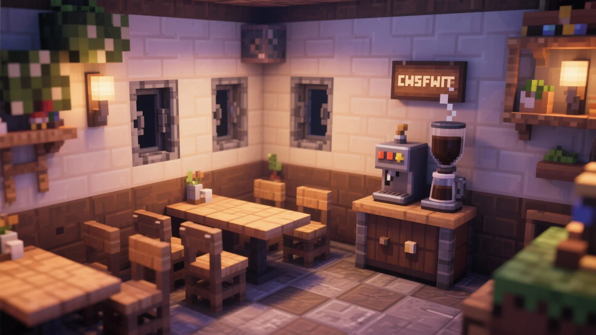 Cozy block style cafe interior with small wooden tables chairs coffee machine and warm wall lights