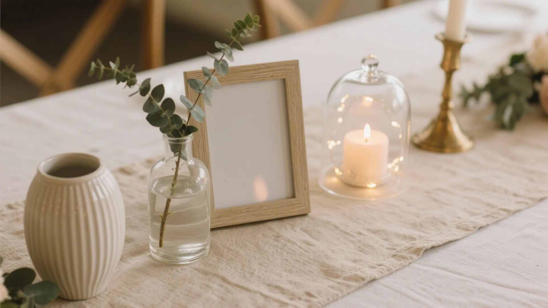 Mix-and-match centerpieces (florals, frames, and safe glow)