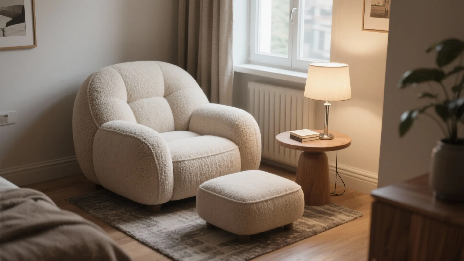 White fluffy armchair with footrest wooden side table lamp window and green plant in pot