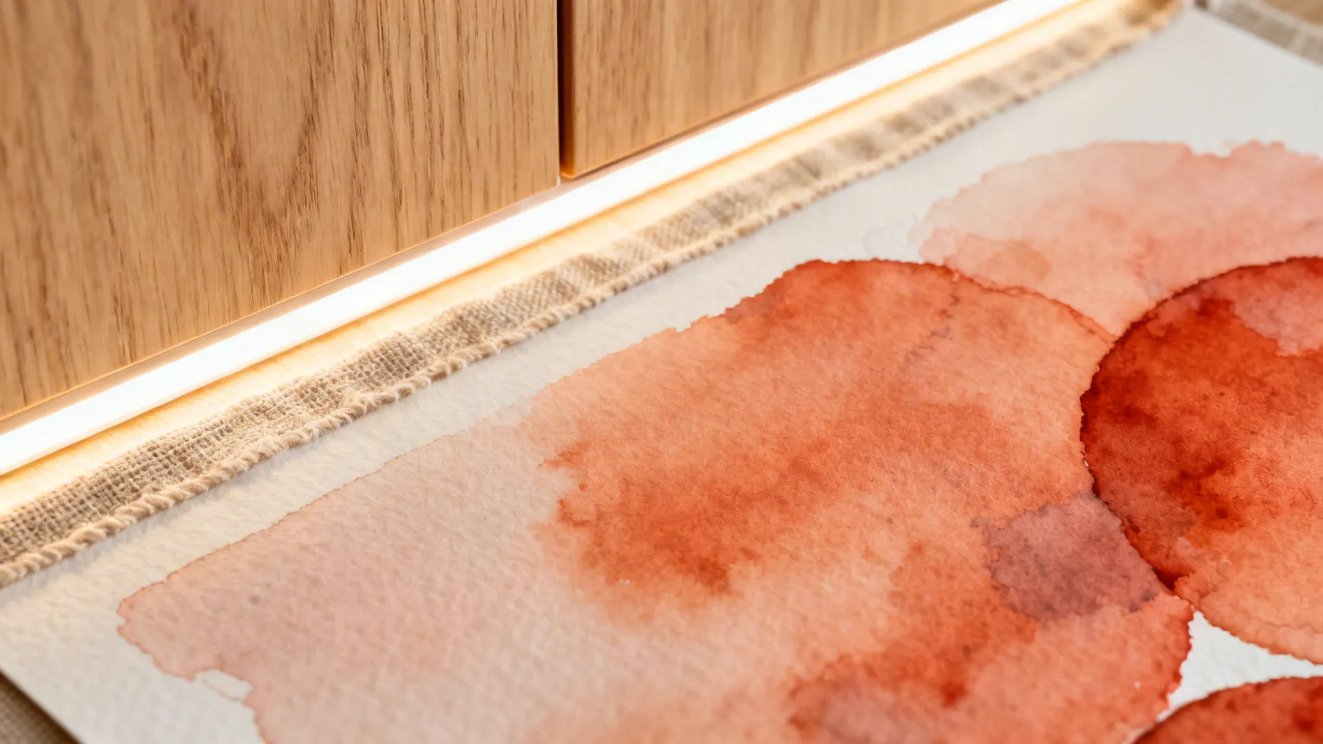 Close-up of watercolor chili tones next to oak wood grain and a linen textile.