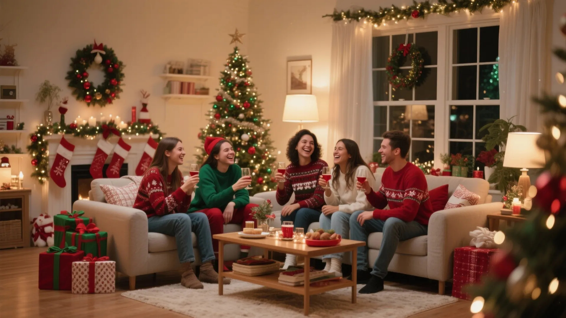Friends wearing sweaters laughing on a sofa with wine in a decorated Christmas living room