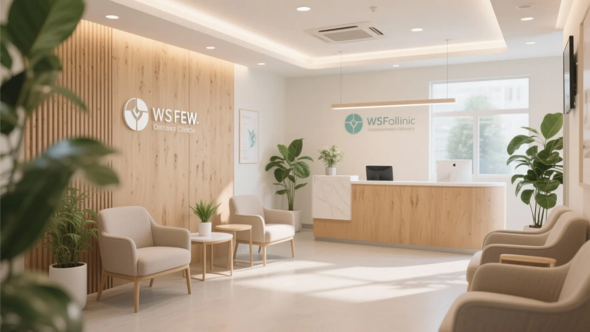 Modern clinic reception area with wood wall panels comfortable beige chairs indoor plants and desk