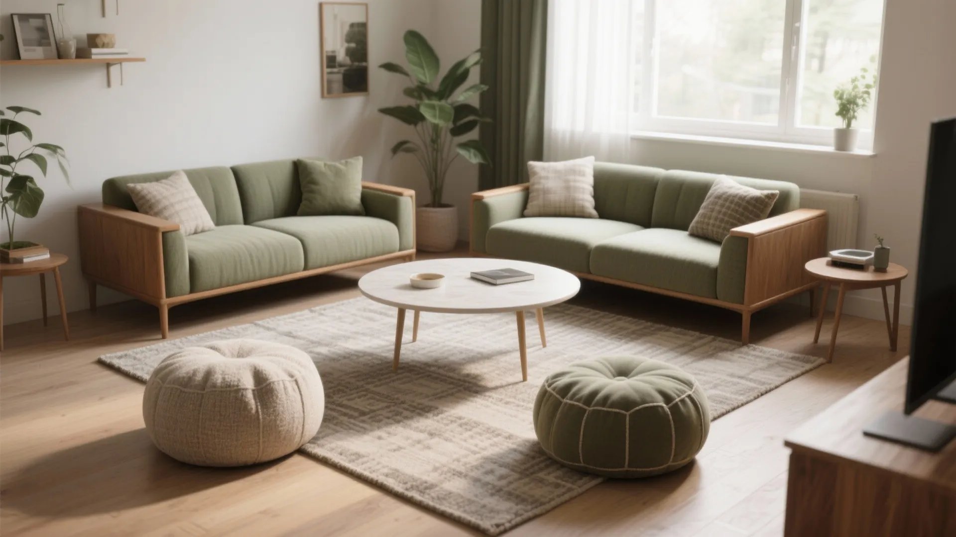 Low-Slung Conversation Cluster with Poufs and a Rug