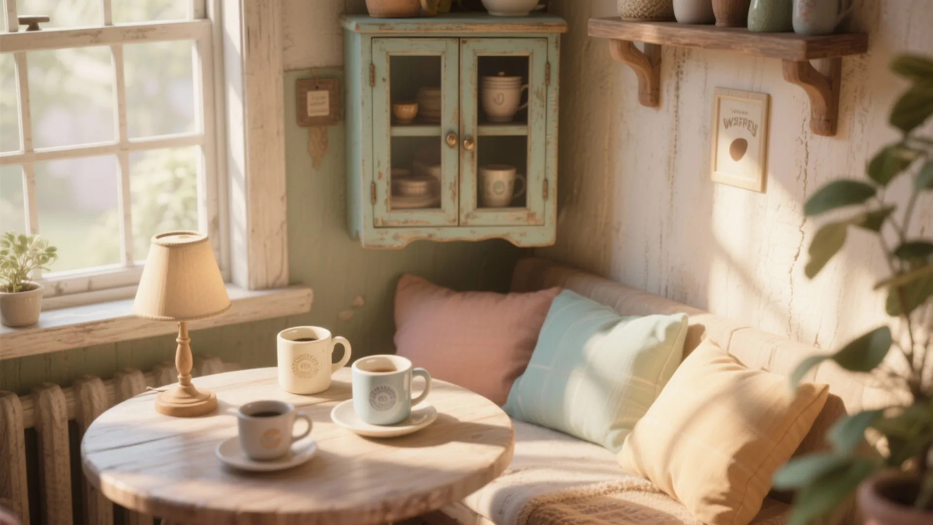 Small coffee nook with vintage cabinet and mugs