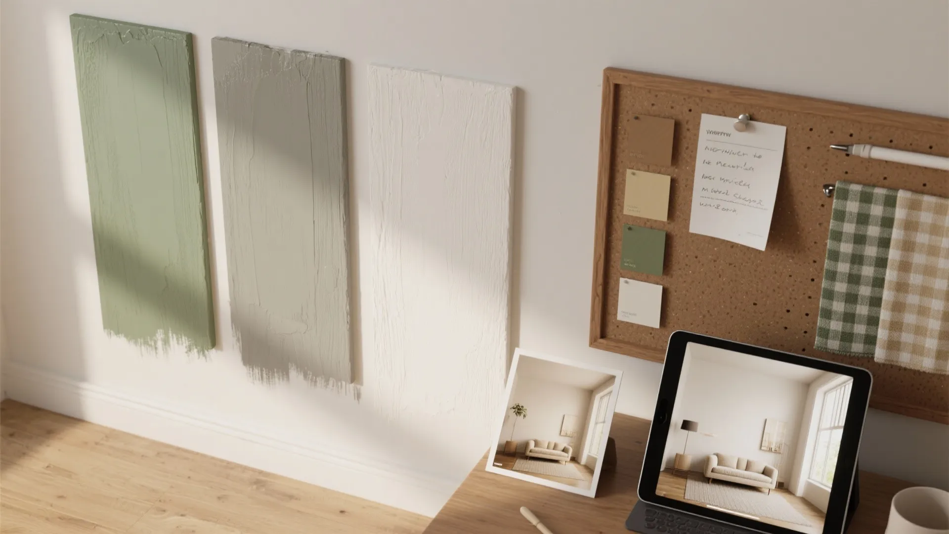 Paint test panels, fabric swatches and a small 3D room mockup showing cozy color testing and visualization.