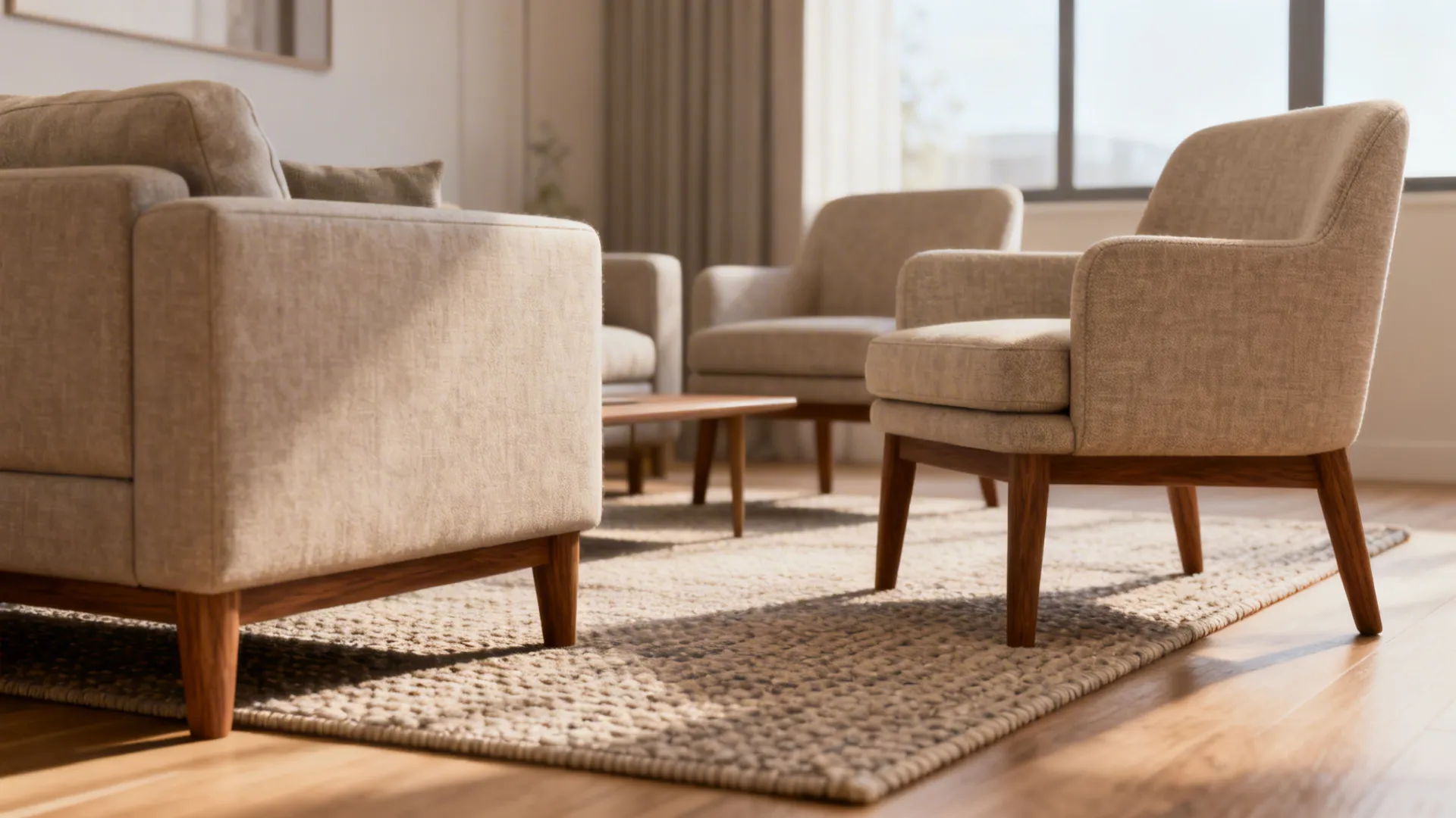 Compact living room with rug under front legs of sofa and chairs creating a cozy conversation zone