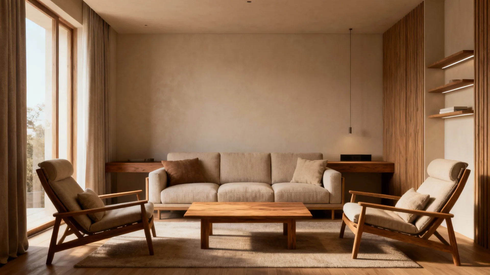 Cozy conversation area with sofa, two lounge chairs, and a central coffee table in a small living room