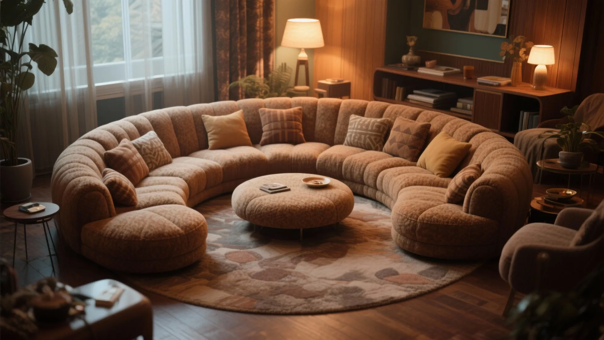 Cozy living room with circular brown sofa round rug footrest table lamps and large windows