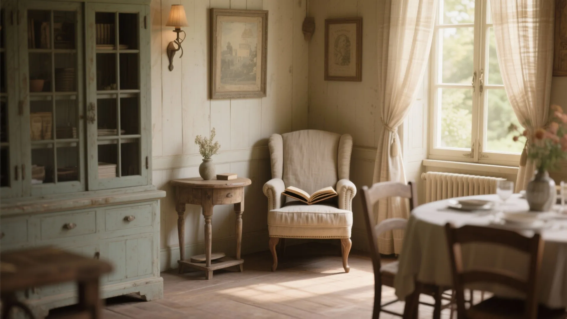 Cozy reading corner with armchair book wooden side table wall light and large vintage green cabinet