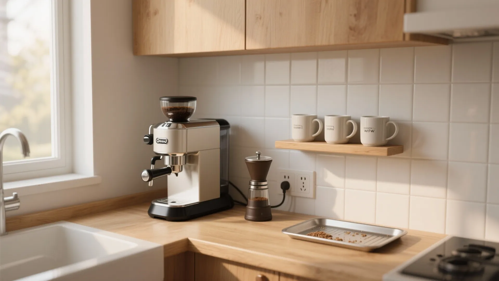 Cozy kitchen coffee station with silver espresso machine coffee grinder and white mugs on shelf