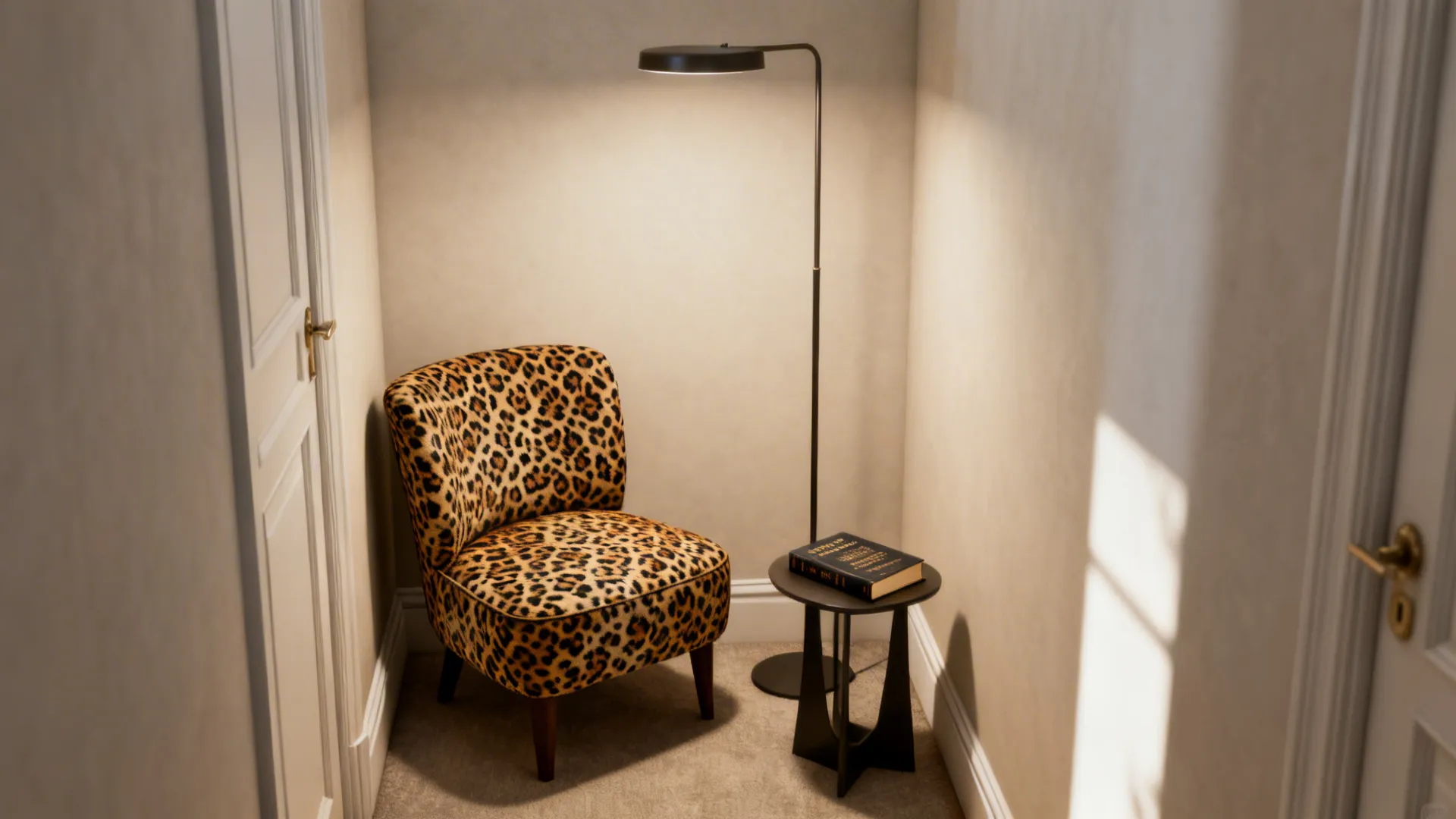 Compact leopard slipper chair in a cozy reading corner with a slim lamp and side table.