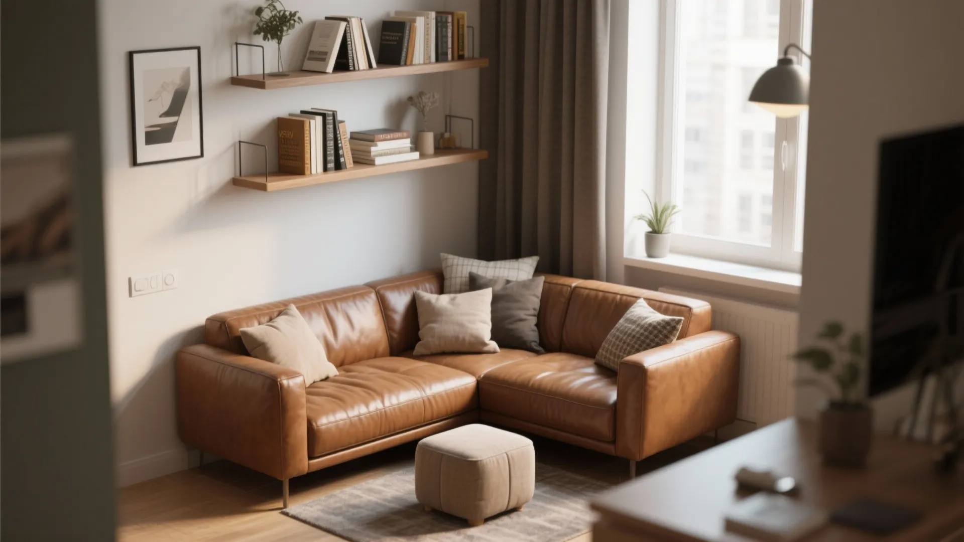 Brown leather corner sofa with cushions and footrest in cozy room with wooden wall shelves