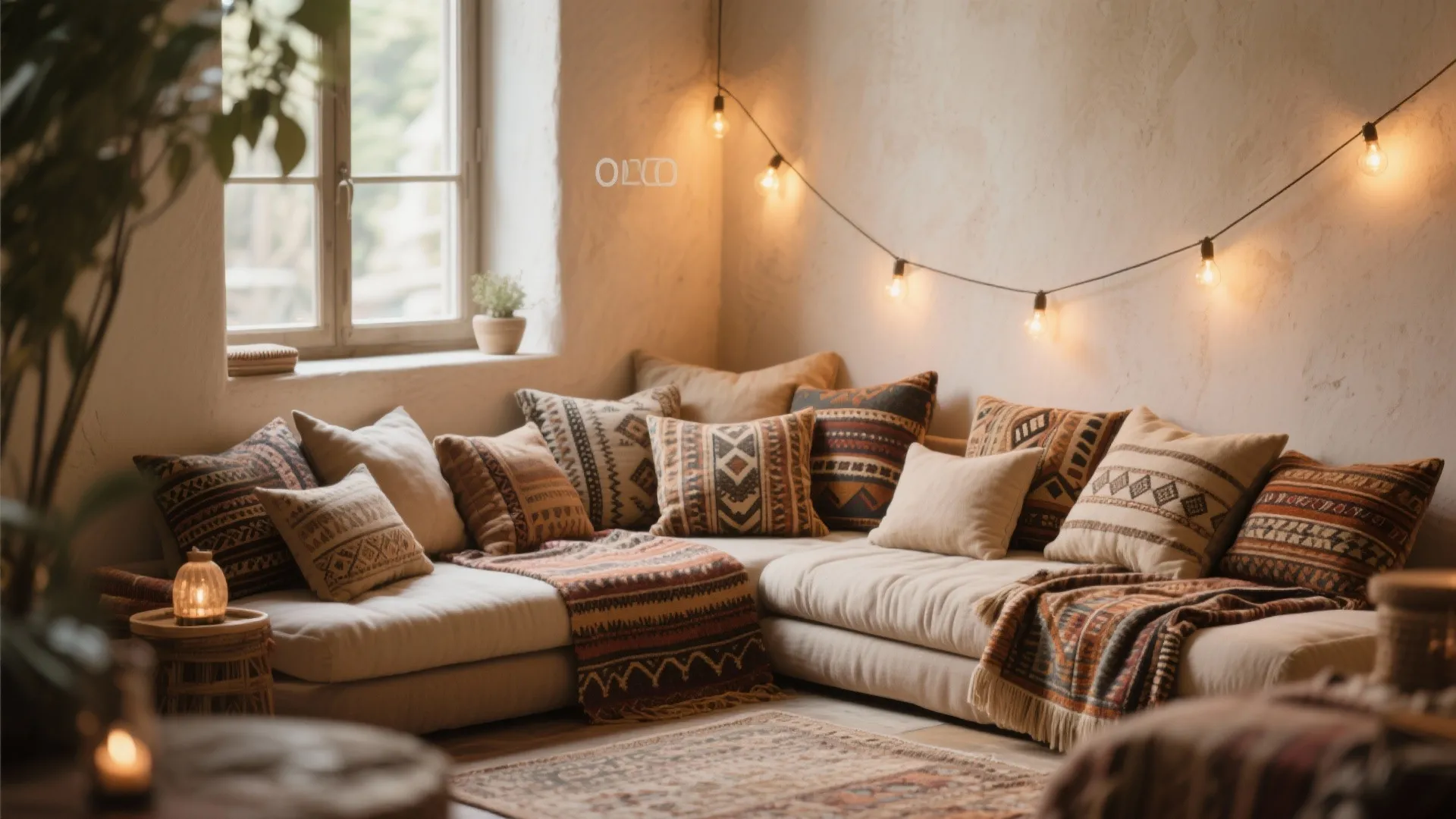 Low-seated lounge area with plush pillows and throws