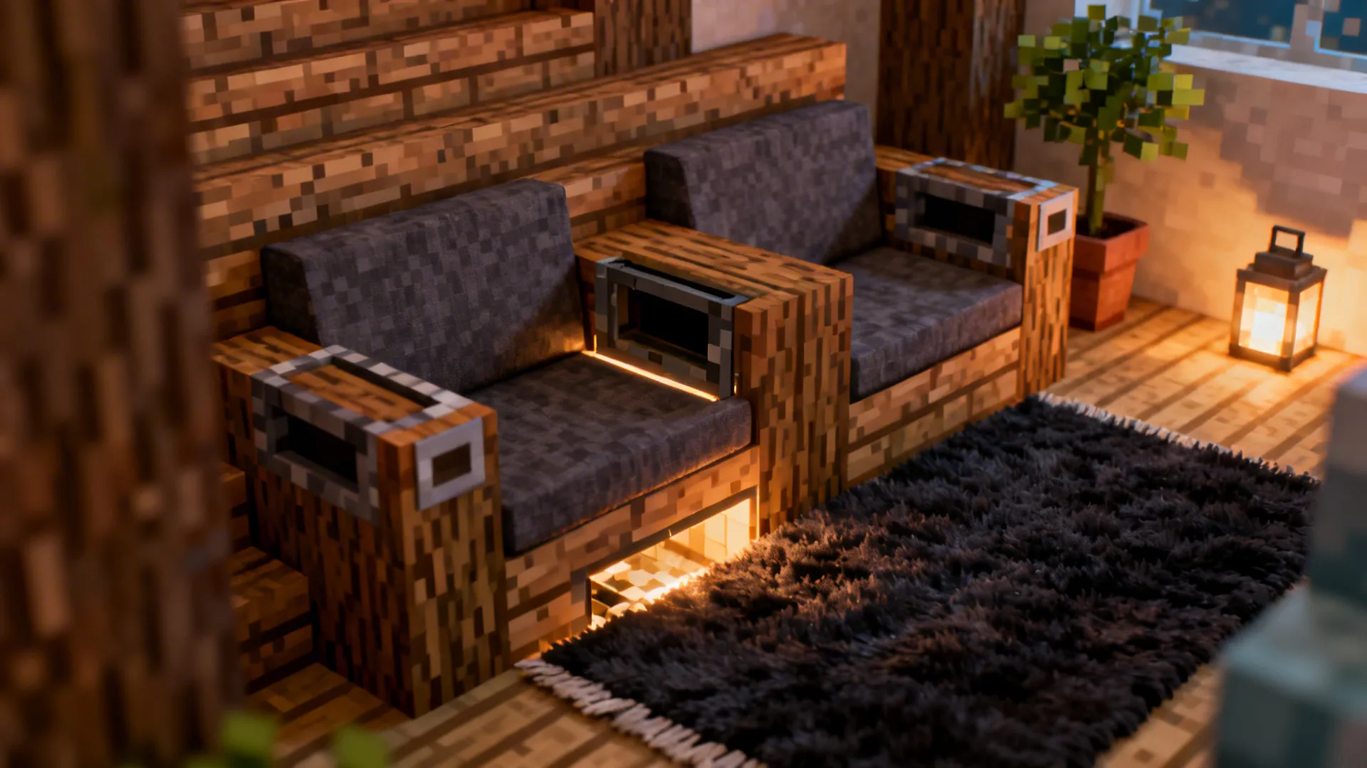 Cozy pixel style lounge with two wooden sofas, grey cushions, black rug, plant, and lantern