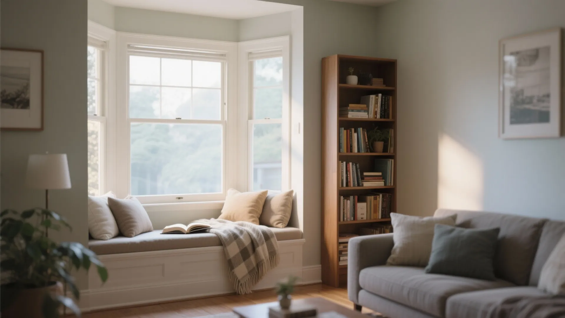 Cozy window seat with pillows and blanket next to tall wooden bookcase and grey sofa