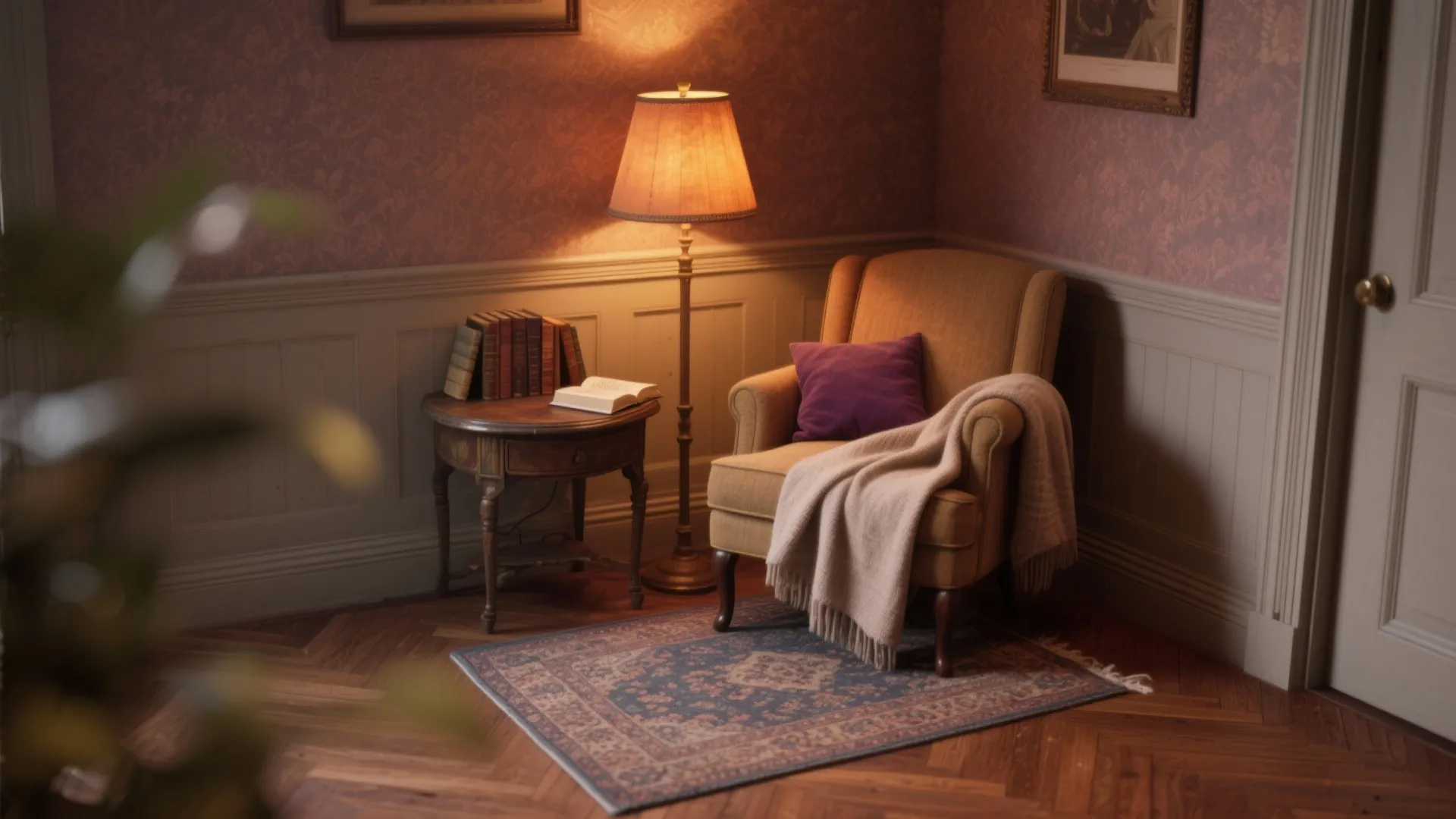 Yellow armchair with purple pillow next to a wooden table with books and floor lamp