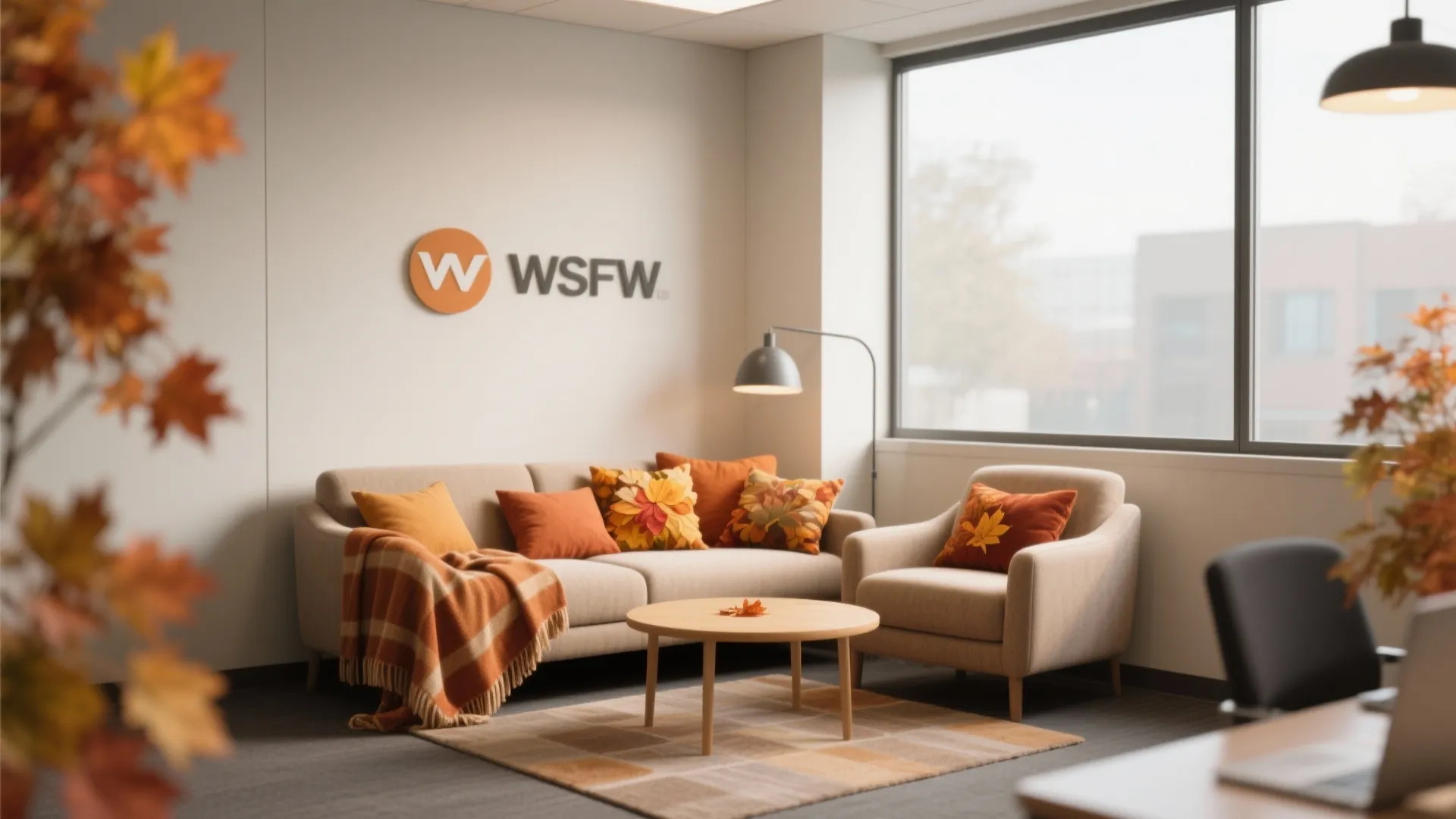 Cozy office lounge area with beige sofa orange pillows wooden coffee table and autumn leaves