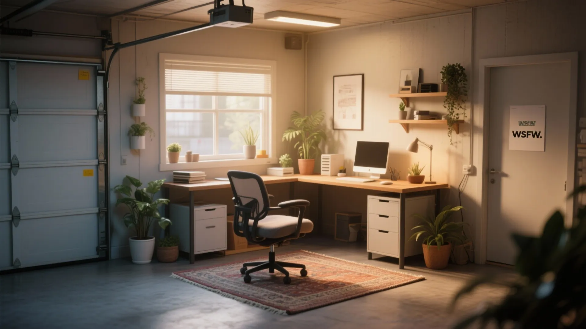 Cozy garage office with wooden desk white cabinet ergonomic chair green plants and bright window
