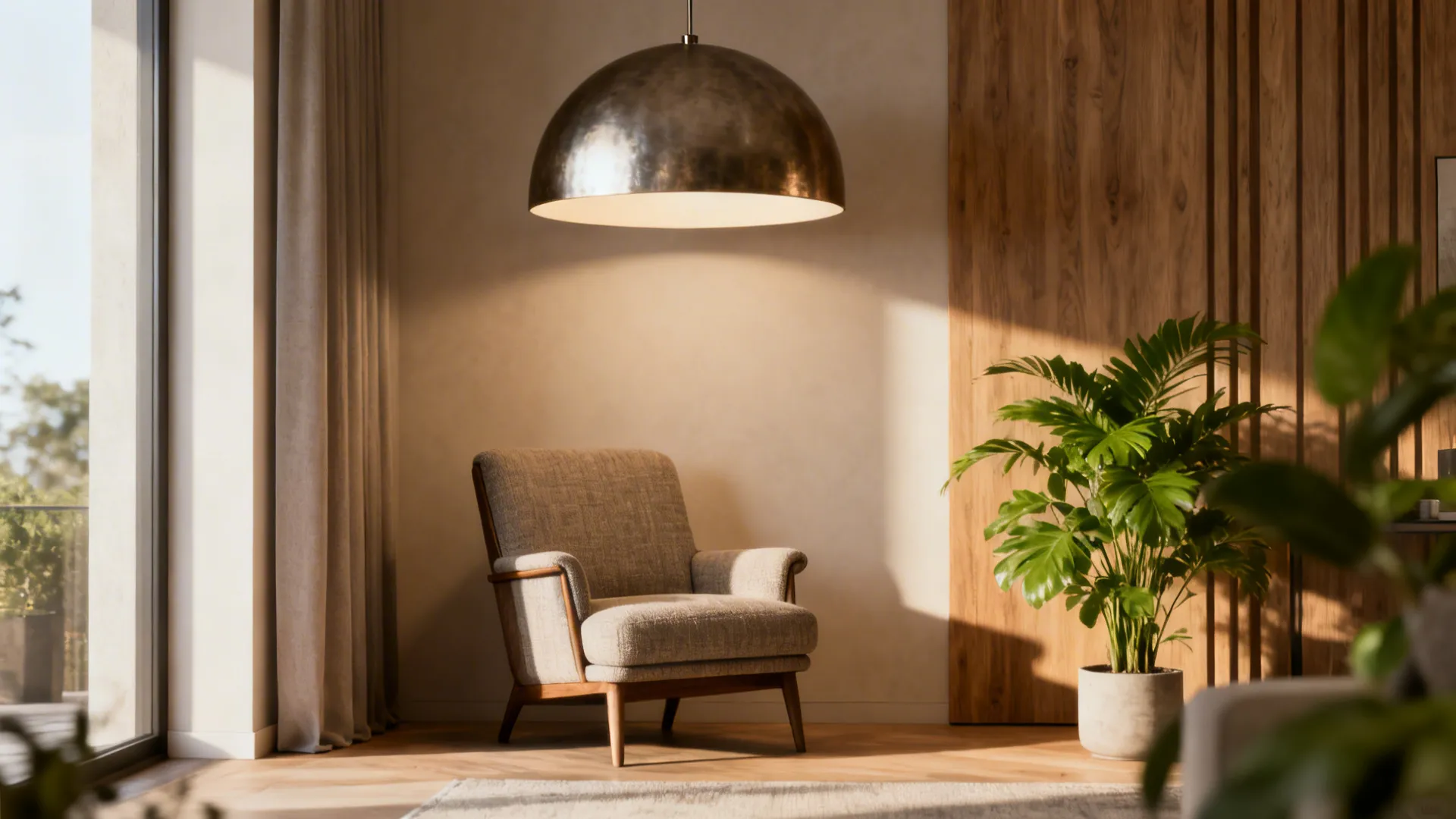 Cozy reading corner featuring a grey armchair, large metal ceiling light, green plant, and warm sunlight
