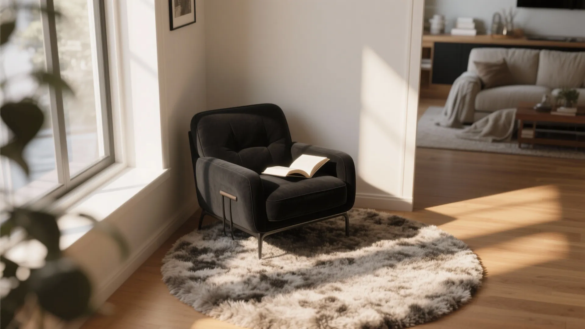 Cozy corner with black chair and plush rug