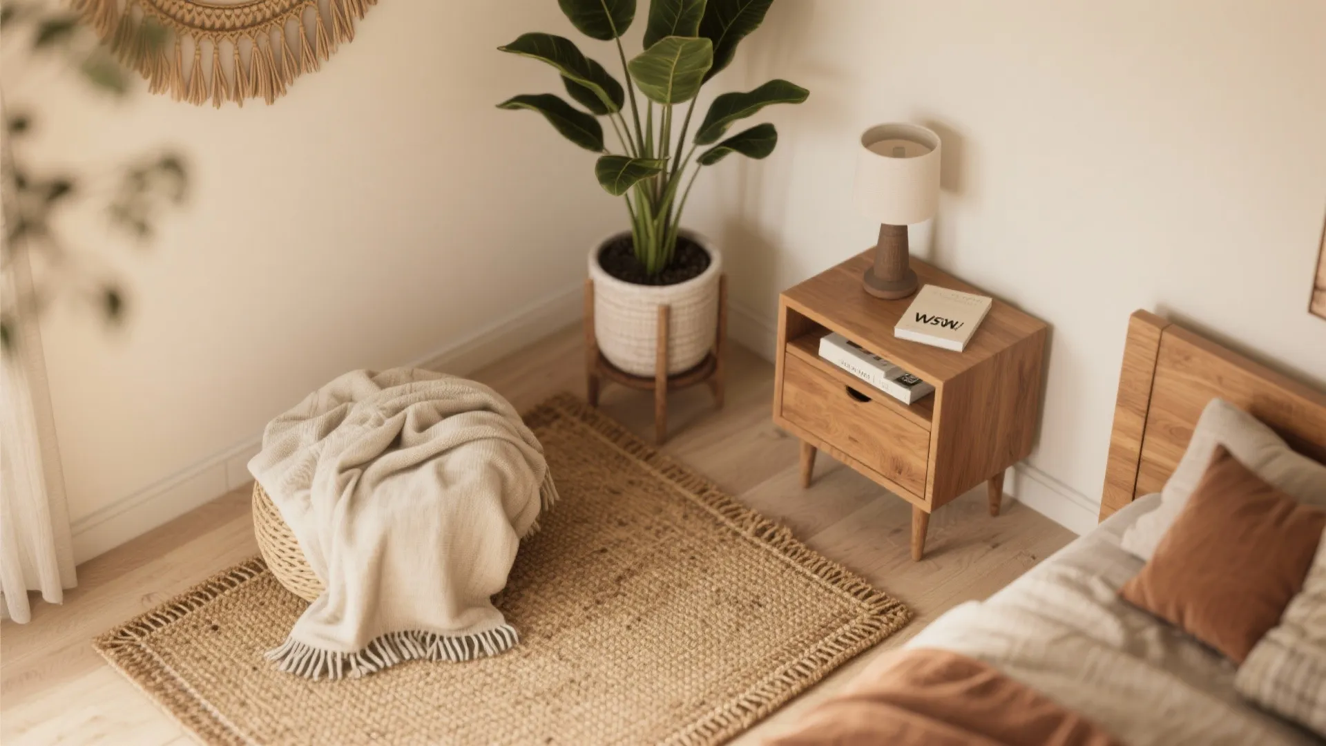Cozy bedroom corner with wooden bedside table, table lamp, potted green plant, and woven floor rug