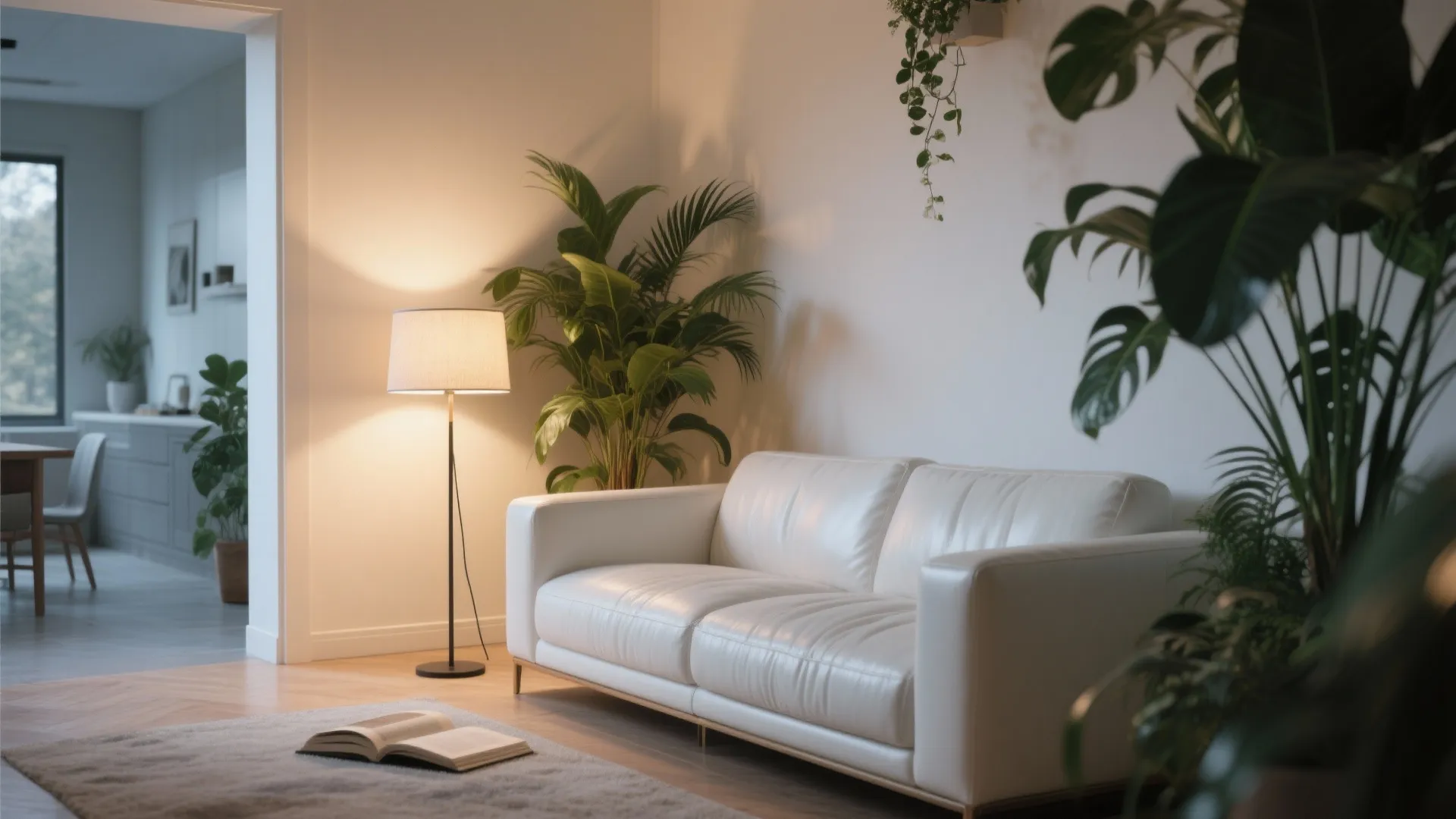 Cozy living room with white leather sofa floor lamp green potted plants and an open book