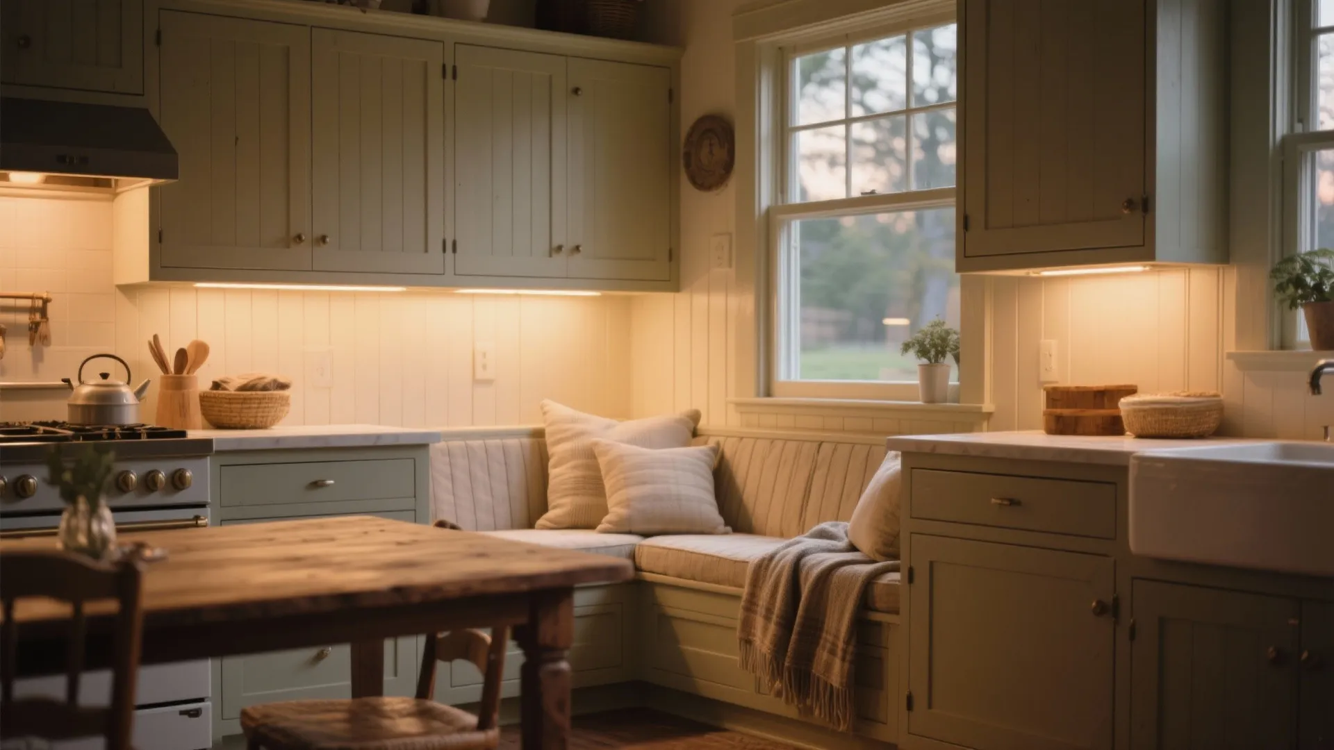 Cozy kitchen corner with light green cabinets warm lights a seating bench and wooden table