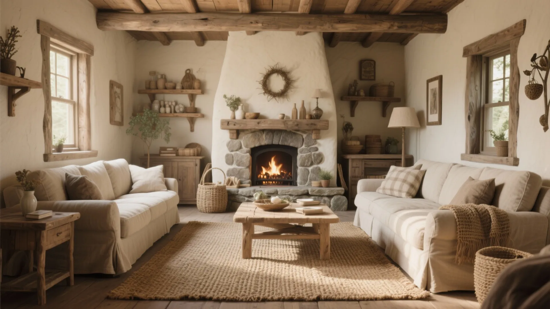 Warm cottage living room with stone fireplace wooden beams beige sofas and rustic coffee table