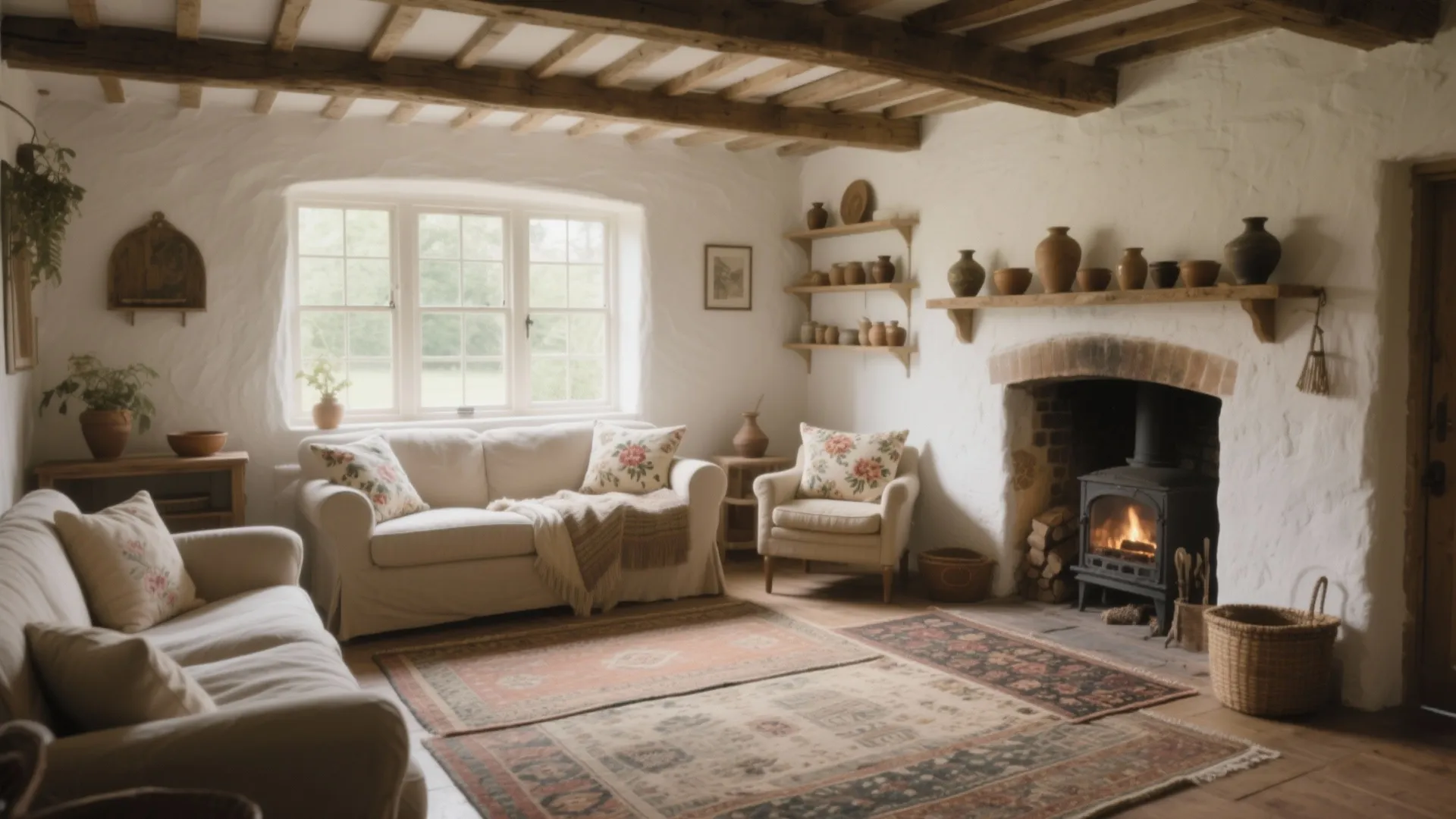 Cozy cottage living room with white sofas fireplace wooden ceiling beams and vintage patterned floor rugs