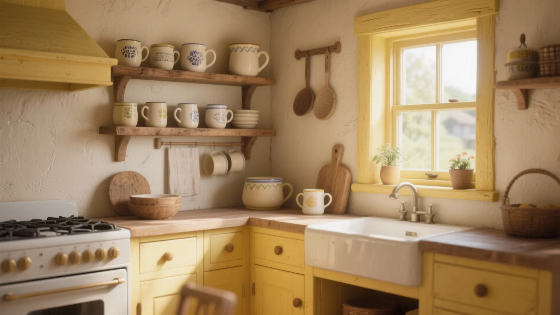 Rustic country kitchen with yellow cabinets, wooden countertops, white farmhouse sink, and open wall shelves