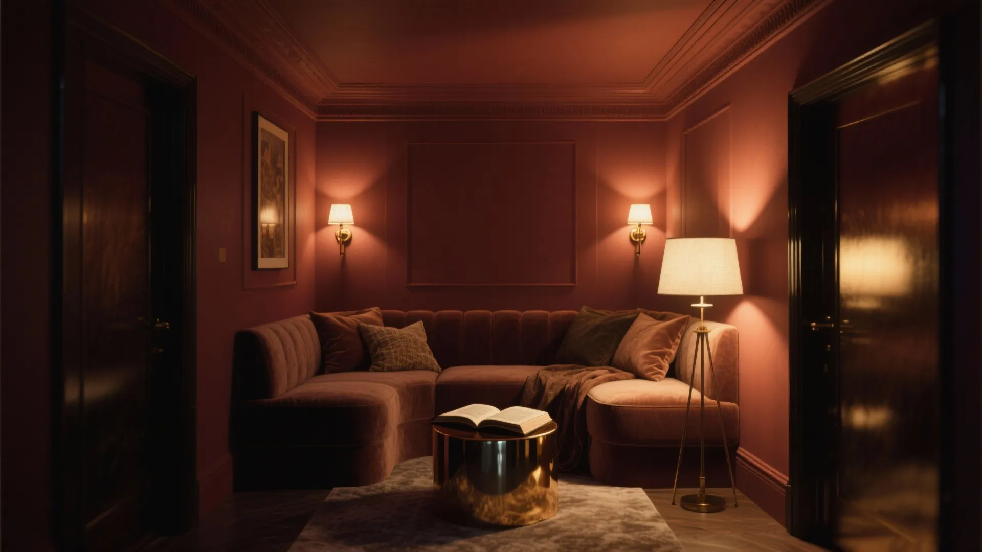 Intimate reading nook with walls and ceiling in the same deep warm hue and layered warm lighting for coziness.