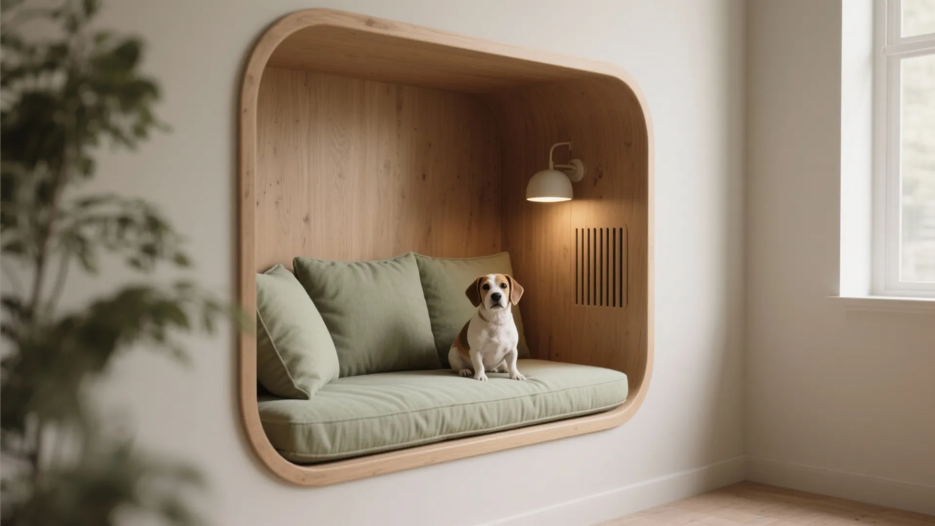 Small dog sitting in a wooden wall nook with green cushions and a wall light