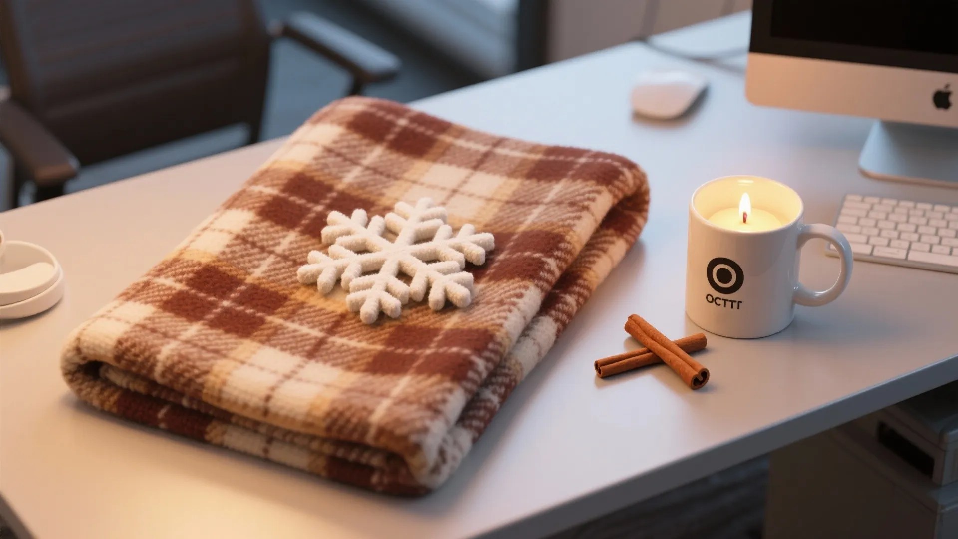 Cozy office desk featuring brown plaid blanket snowflake decoration cinnamon sticks and a white candle mug