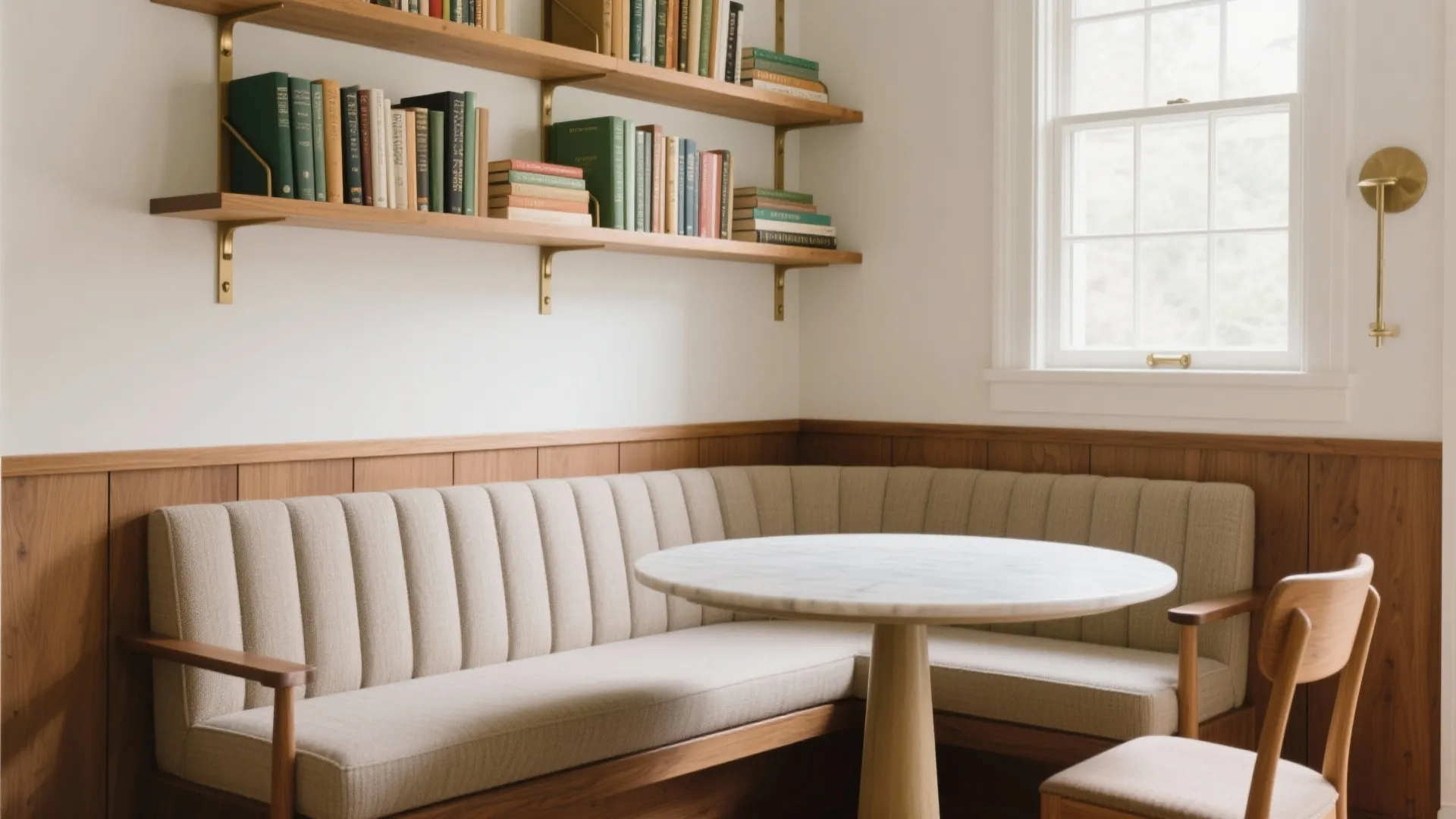 Corner dining area with marble table l-shaped sofa wall panel wooden shelves and wall light