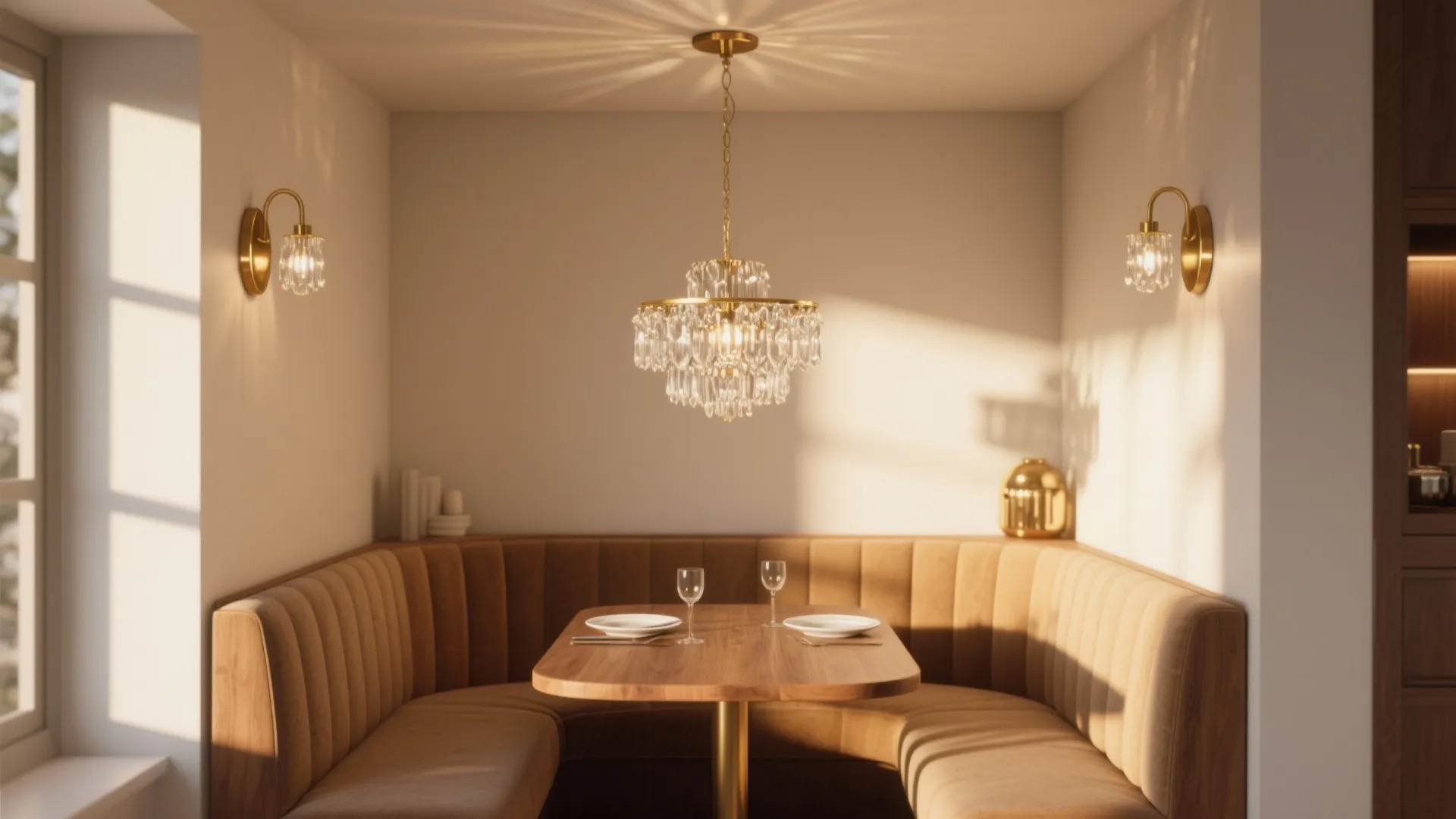 Cozy breakfast nook featuring velvet corner seating with wooden table plus elegant crystal ceiling light