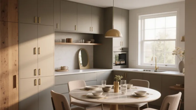 Modern Kitchen with Dining Area – Neutral Tones & Smart Layout