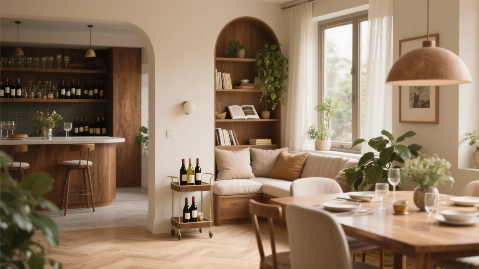 Arched wooden wall area with books sofa seating wine cart and wooden dining table chairs