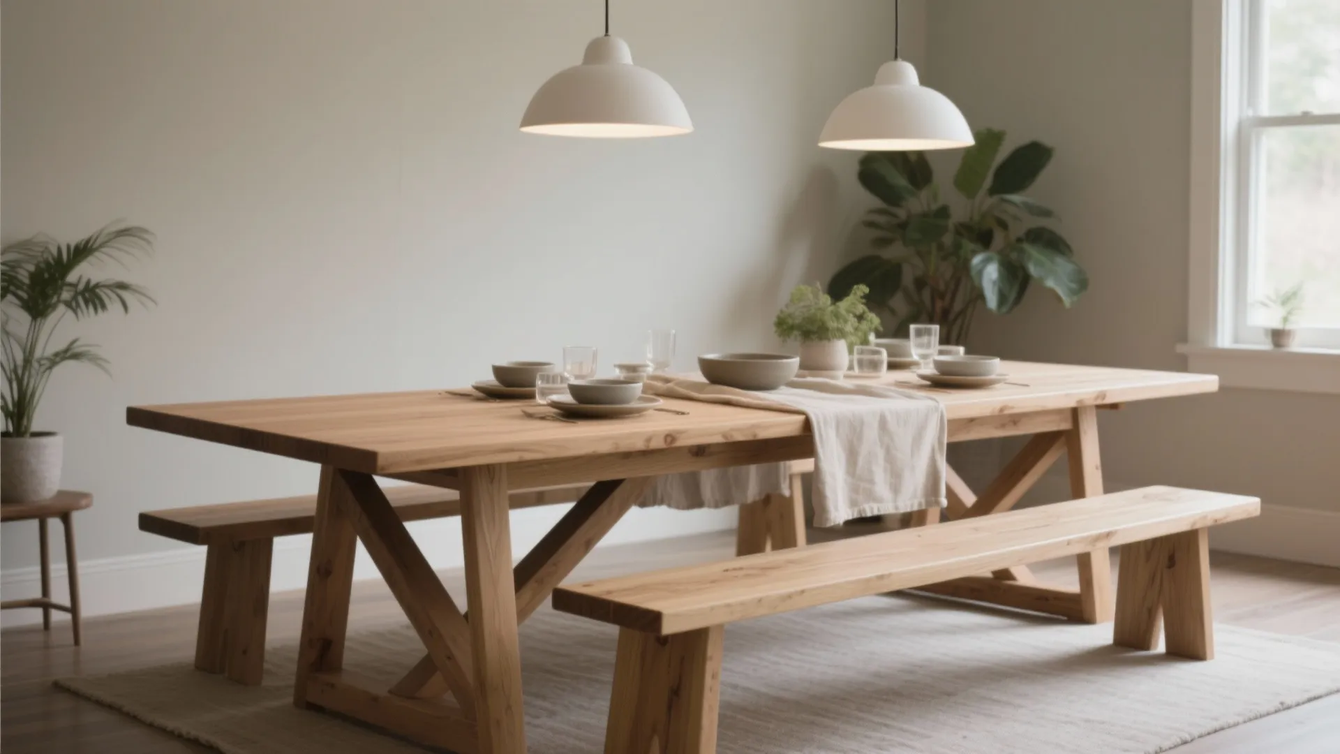 Modern wooden dining table with benches, two white ceiling lights, green plants, and natural light
