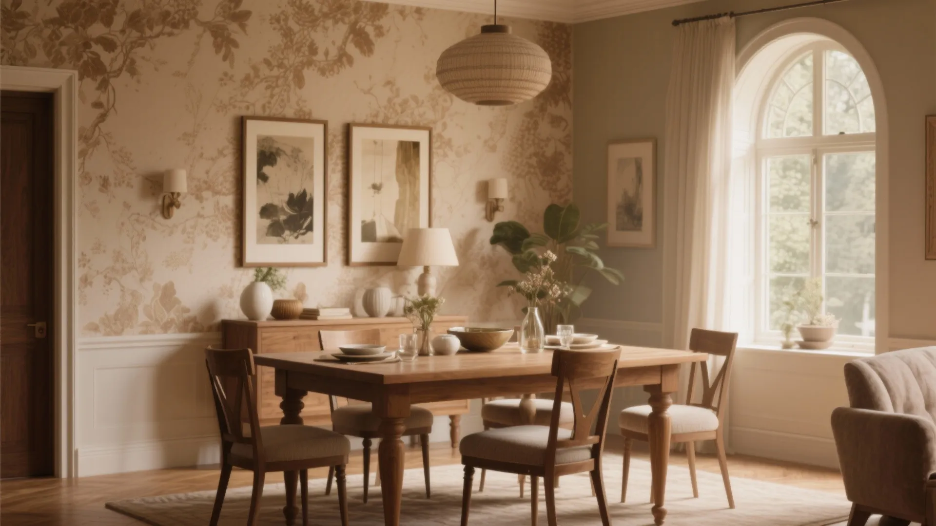 Warm dining area featuring floral wall panel design wooden furniture and a large arched window
