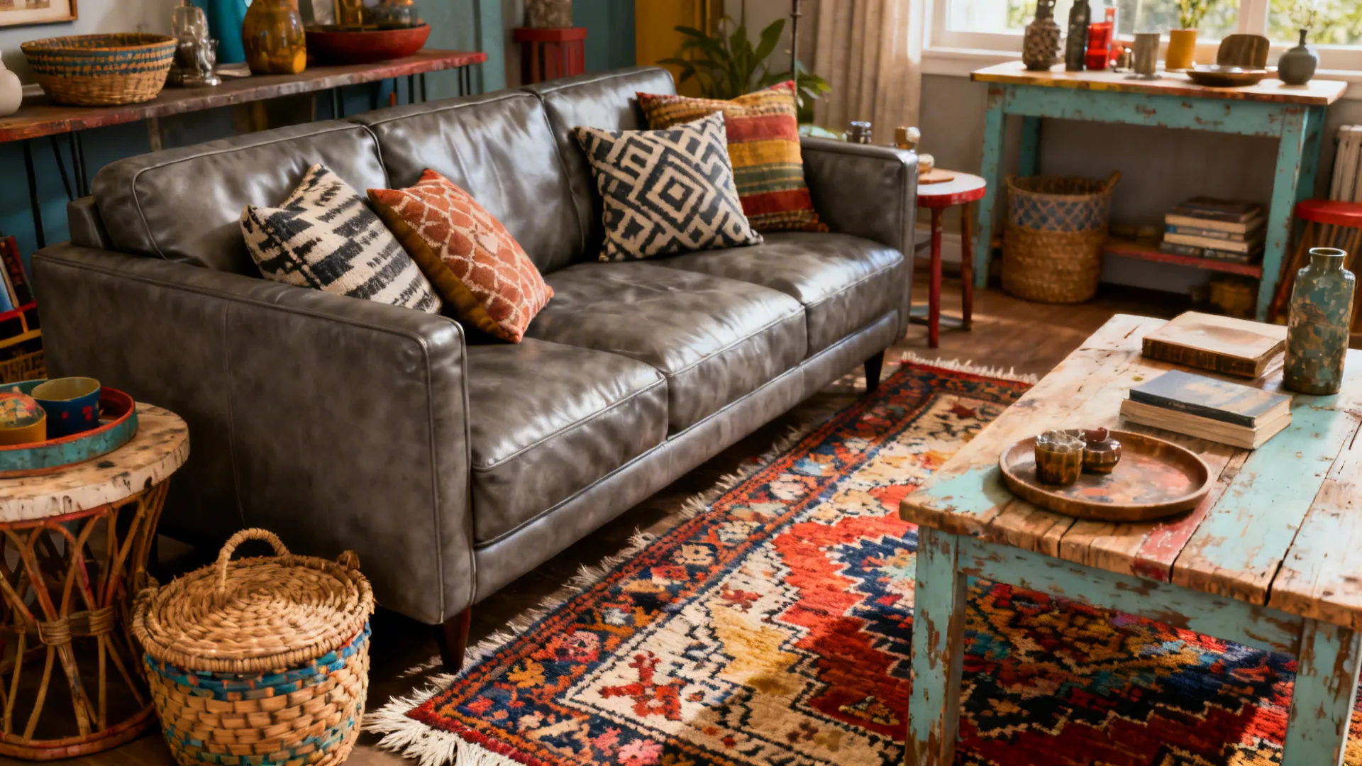 Eclectic living room with a grey leather couch, patterned pillows and a colorful vintage rug